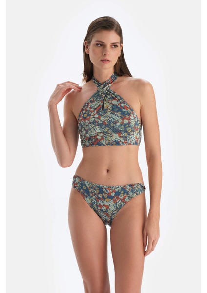 Kiremit-Mavi Halter Yaka Bikini Üst fırsatları