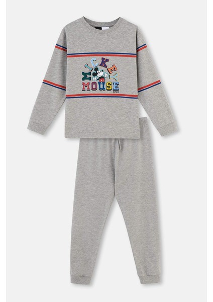 Gri Melanj Mıckey Mouse Lisanslı Bisiklet Yaka Uzun Kollu Pijama Takımı