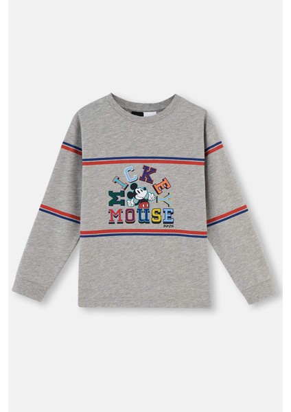 Gri Melanj Mıckey Mouse Lisanslı Bisiklet Yaka Uzun Kollu Pijama Takımı fiyatları