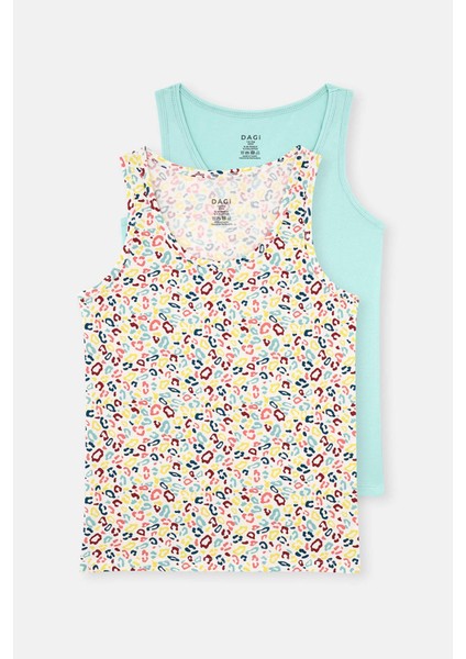 Beyaz Desenli Yeşil 2 Li Kalın Askılı Atlet