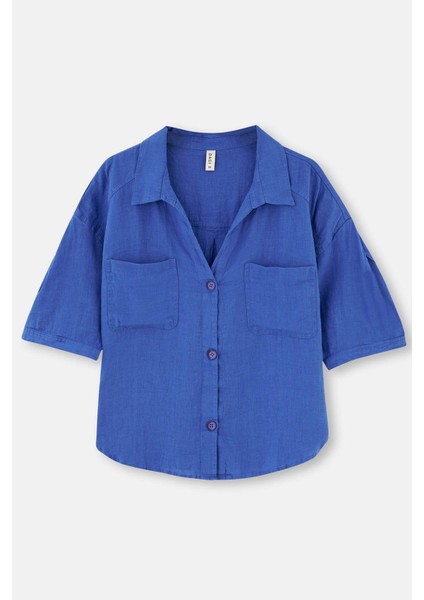 Mavi Keten Kısa Gömlek