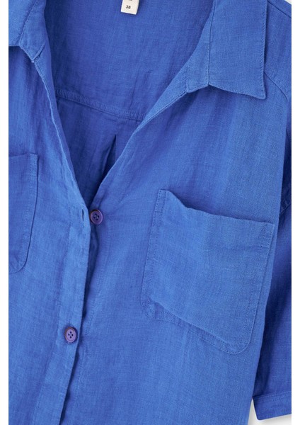 Mavi Keten Kısa Gömlek modelleri