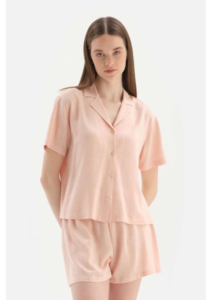 Açık Pembe Kısa Kollu Dokuma Gömlek