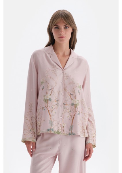 Açık Lila Metraj Baskılı Saten Gömlek Pijama Üstü