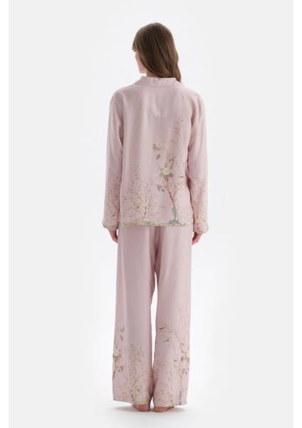 Açık Lila Metraj Baskılı Saten Gömlek Pijama Üstü