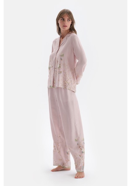Açık Lila Metraj Baskılı Saten Gömlek Pijama Üstü