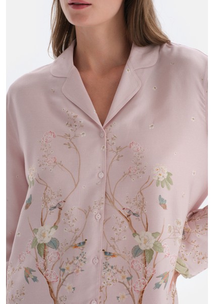 Açık Lila Metraj Baskılı Saten Gömlek Pijama Üstü