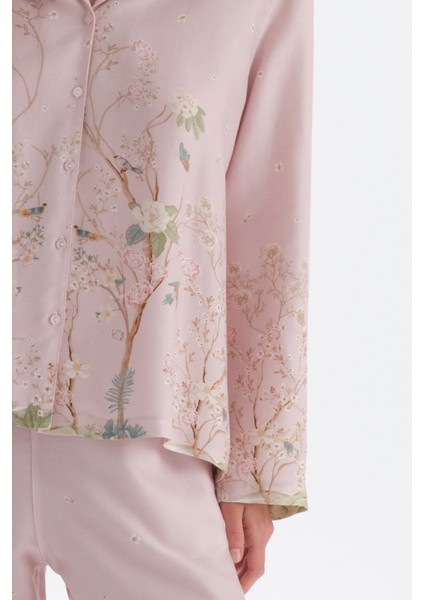 Açık Lila Metraj Baskılı Saten Gömlek Pijama Üstü