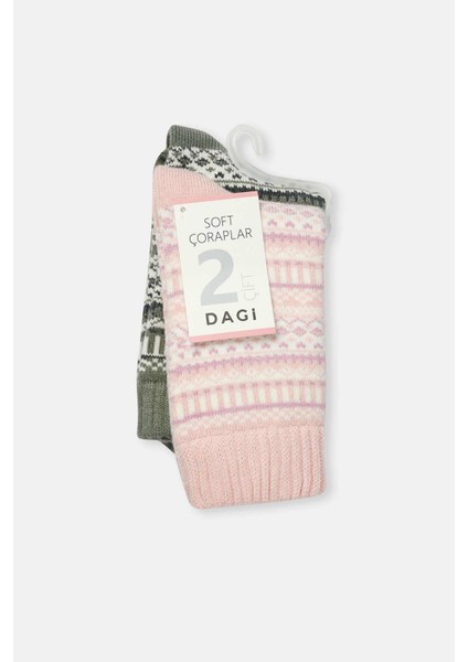 Gri-Pembe Kadın 2'li Desenli Kışlık Çorap