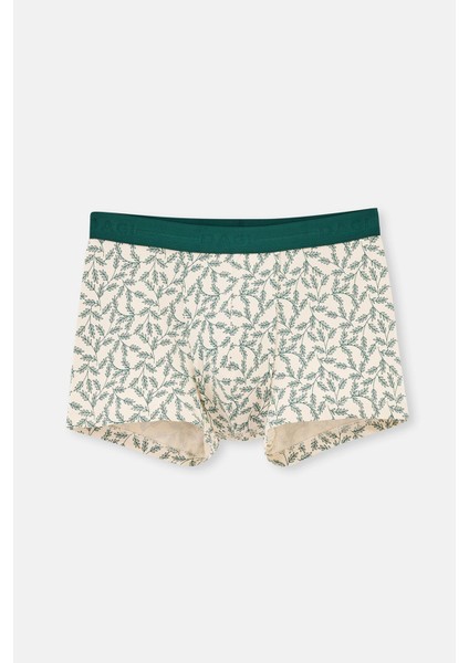 Krem Desenli Pamuklu Boxer