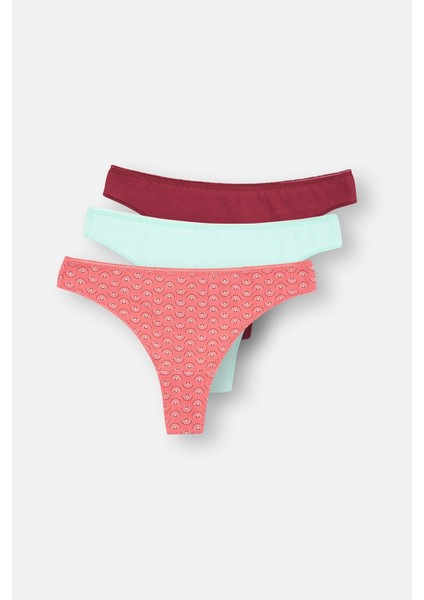 Mürdüm-Pembe-Turkuaz Kadın 3'lü Desenli Thong Külot