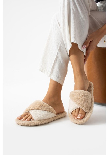 Bej Kışlık Dikişli Taban Çinçila Peluş Kumaş Burgu Terlik Sessiz Taban Ev Terliği fiyatları