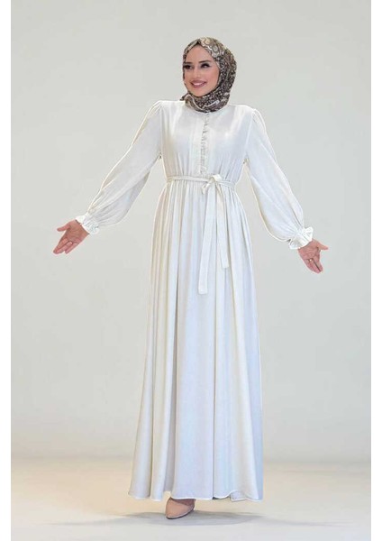 Kolları Lastikli Önü Düğme Detaylı Elbise 6040 Ekru