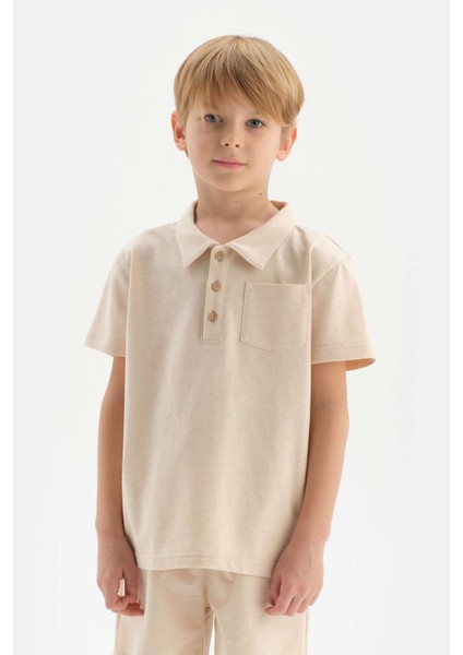 Bej Doğal Renkli Polo Yaka Unısex Tişört modelleri