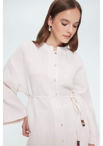 %100 Keten Regular Fit Bağcıklı Uzun Kollu Gömlek Tunik D4394AX25SM
