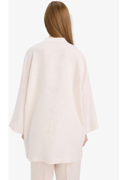 %100 Keten Regular Fit Bağcıklı Uzun Kollu Gömlek Tunik D4394AX25SM