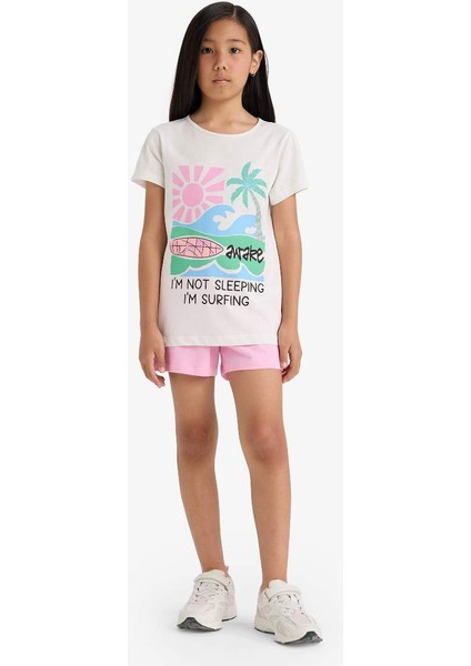 Kız Çocuk Pijama Takımı Baskılı Kısa Kollu Üst Beli Lastikli Şort E0665A825HS