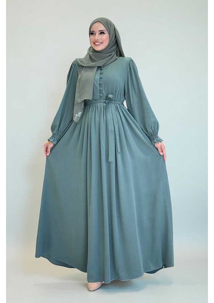 Kolları Lastikli Önü Düğme Detaylı Elbise 6040 Mint