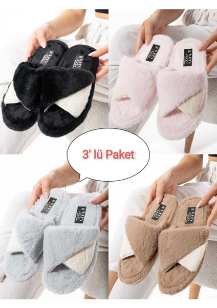 3'lü Paket Kışlık Dikişli Taban Çinçila Peluş Kumaş Burgu Terlik Ev Terliği Çeyiz Bohça Seti