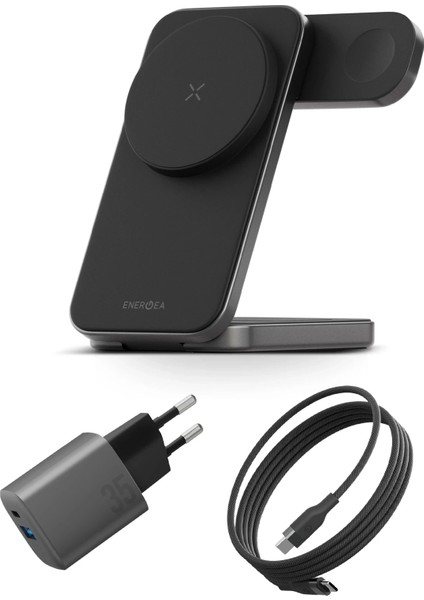 Essential Kit Gan 35W Adaptör 3in1 Kablosuz Şarj Standı ve 100W Type-C To Type-C Manyetik Kablolu Seyahat Set