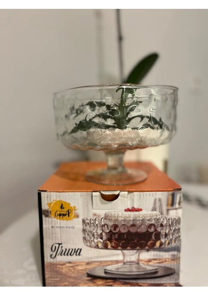 Ayaklı Boncuk Desenli Cam Kurabiyelik Sunumluk Pasta Sunumluğu Çap 18,5 cm En 13CM