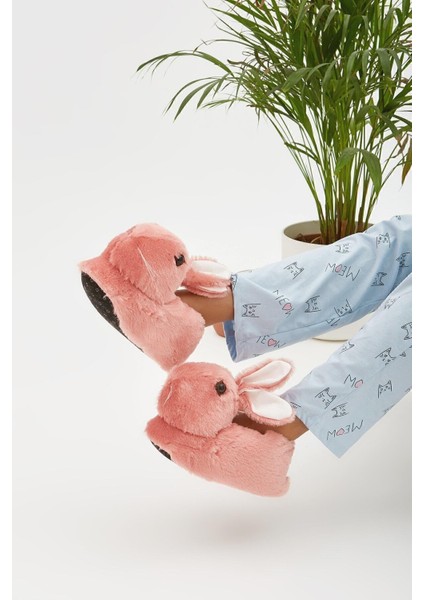 Pudra Hayvanlı Sessiz Taban Panduf Tavşan Figürlü Peluş Ev Ayakkabısı (GÖZ VİDEO Kİ GİBİ NAKIŞTIR)