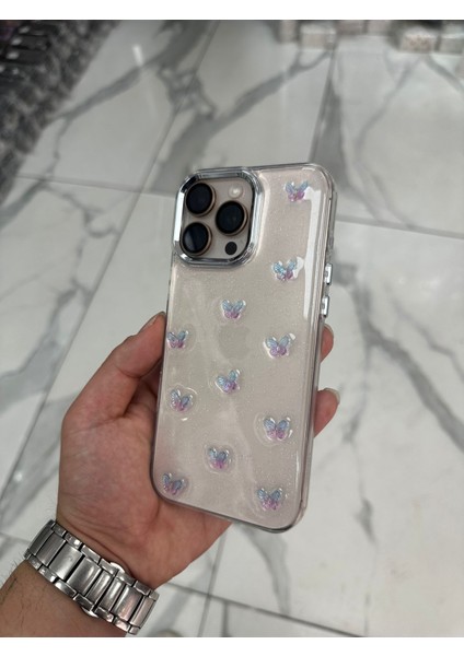 iPhone 15 Pro Max Uyumlu Simli Kılıf Parlak Yumuşak Kelebek Desenli Kılıf