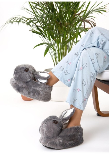 Füme Hayvanlı Sessiz Taban Panduf Tavşan Figürlü Peluş Ev Ayakkabısı (GÖZ VİDEO Kİ GİBİ NAKIŞTIR)