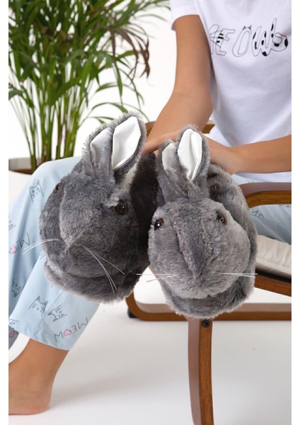 Füme Hayvanlı Sessiz Taban Panduf Tavşan Figürlü Peluş Ev Ayakkabısı (GÖZ VİDEO Kİ GİBİ NAKIŞTIR) fırsatları