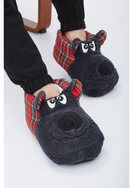 Füme Kırmızı Ekoseli Hayvanlı Sessiz Taban Panduf Sevimli Köpek Figürlü Peluş Ev Ayakkabısı fırsatları