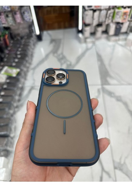 iPhone 14 Pro Max Uyumlu Karbon Şeffaf Desenli Mat Tank Magsafe Kılıf - Lacivert