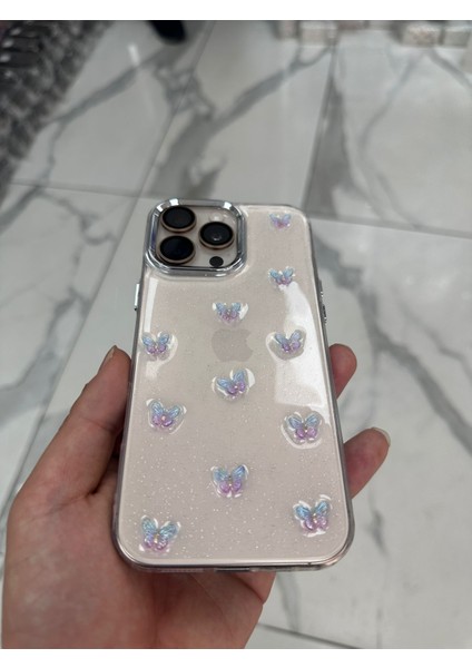 iPhone 16 Pro Max Uyumlu Simli Kılıf Parlak Yumuşak Kelebek Desenli Kılıf