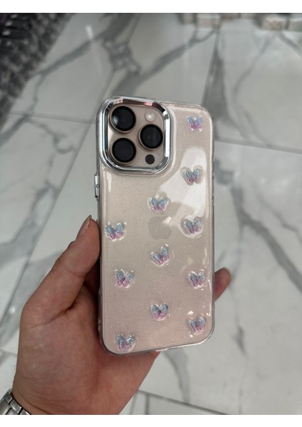 iPhone 16 Pro Max Uyumlu Simli Kılıf Parlak Yumuşak Kelebek Desenli Kılıf