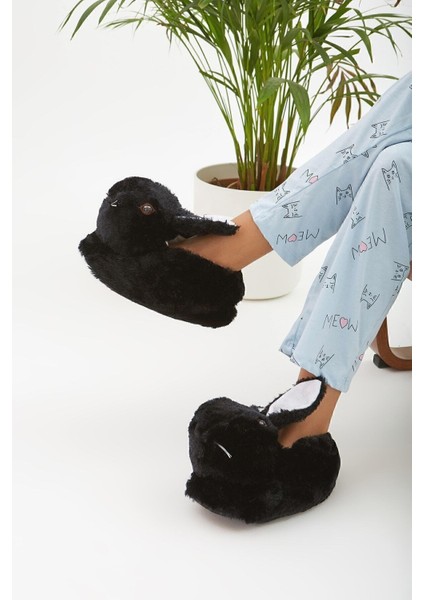 Siyah Hayvanlı Sessiz Taban Panduf Tavşan Figürlü Peluş Ev Ayakkabısı (GÖZ VİDEO Kİ GİBİ NAKIŞTIR)