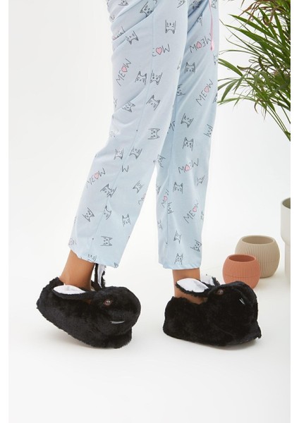 Siyah Hayvanlı Sessiz Taban Panduf Tavşan Figürlü Peluş Ev Ayakkabısı (GÖZ VİDEO Kİ GİBİ NAKIŞTIR) modelleri