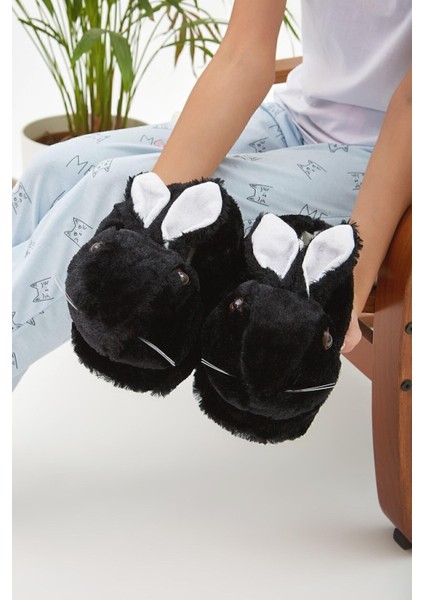 Siyah Hayvanlı Sessiz Taban Panduf Tavşan Figürlü Peluş Ev Ayakkabısı (GÖZ VİDEO Kİ GİBİ NAKIŞTIR) fırsatları