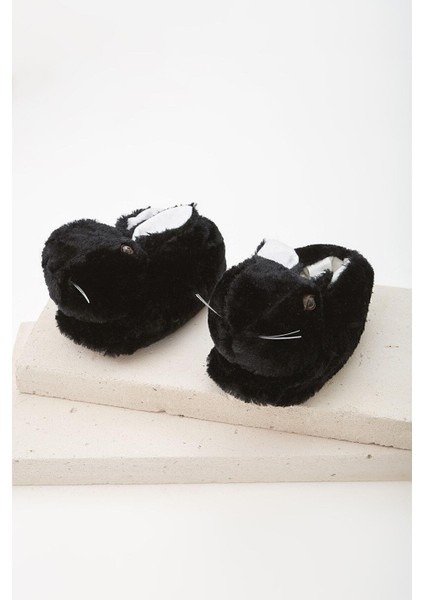 Siyah Hayvanlı Sessiz Taban Panduf Tavşan Figürlü Peluş Ev Ayakkabısı (GÖZ VİDEO Kİ GİBİ NAKIŞTIR) indirimleri