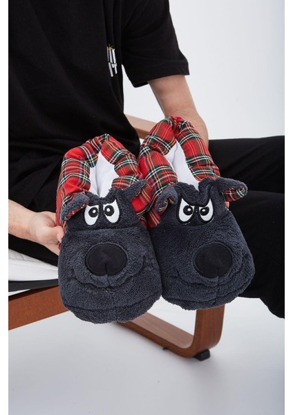 Füme Kırmızı Ekoseli Hayvanlı Sessiz Taban Panduf Sevimli Köpek Figürlü Peluş Ev Ayakkabısı