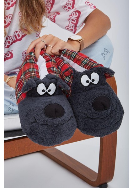 Füme Kırmızı Ekoseli Hayvanlı Sessiz Taban Panduf Sevimli Köpek Figürlü Peluş Ev Ayakkabısı fiyatları