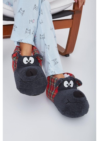 Füme Kırmızı Ekoseli Hayvanlı Sessiz Taban Panduf Sevimli Köpek Figürlü Peluş Ev Ayakkabısı modelleri