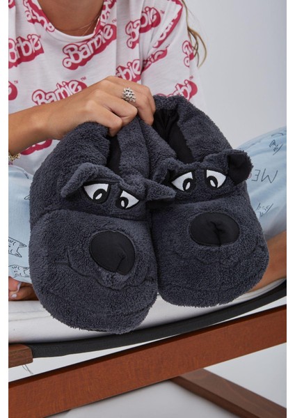 Düz Antrasit Baygın Köpek Hayvanlı Sessiz Taban Panduf Sevimli Köpek Figürlü Peluş Ev Ayakkabısı