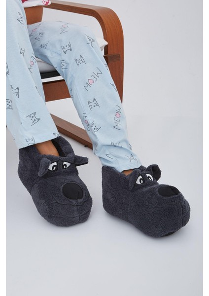 Düz Antrasit Baygın Köpek Hayvanlı Sessiz Taban Panduf Sevimli Köpek Figürlü Peluş Ev Ayakkabısı fiyatları