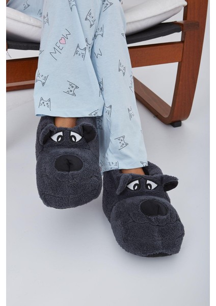 Düz Antrasit Baygın Köpek Hayvanlı Sessiz Taban Panduf Sevimli Köpek Figürlü Peluş Ev Ayakkabısı modelleri