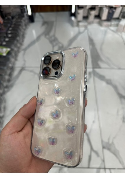 iPhone 14 Pro Max Uyumlu Simli Kılıf Parlak Yumuşak Kelebek Desenli Kılıf