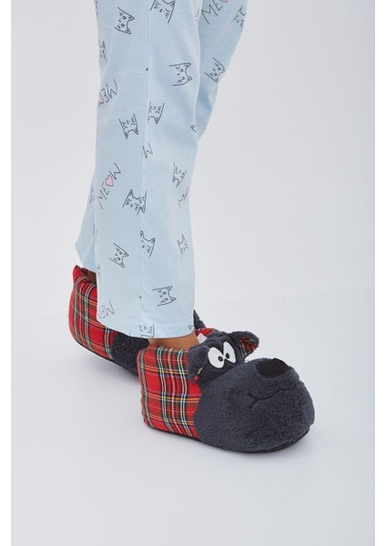 Füme Kırmızı Ekoseli Hayvanlı Sessiz Taban Panduf Sevimli Köpek Figürlü Peluş Ev Ayakkabısı indirimleri