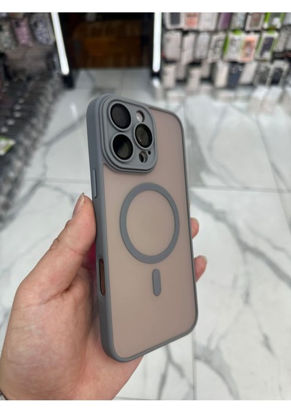 iPhone 16 Pro Max Magsafe Uyumlu Kılıf Kamera Lens Korumalı Magsafe Mat Kılıf - Gri