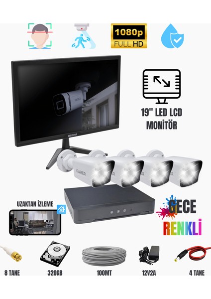 Monitörlü 4'lü Kamera Seti – Exitcam 1080P Fullhd + 320GB HDD + 19'' Ekran Dahil