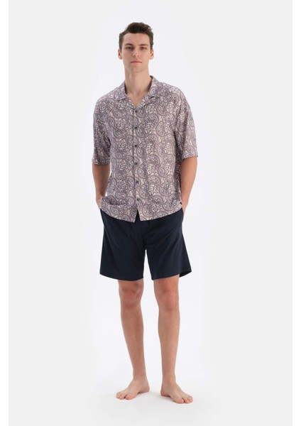 Multicolor Gömlek Yaka Kısa Kollu Desenli Modal Pijama Takımı