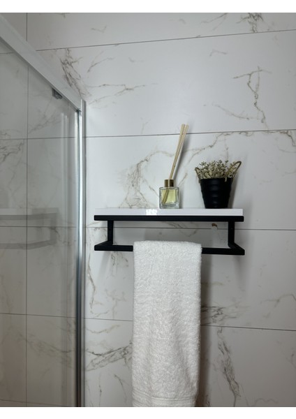 Fulya Banyo Ahşap Raflı Siyah Metal Havlu, Şal Askılık