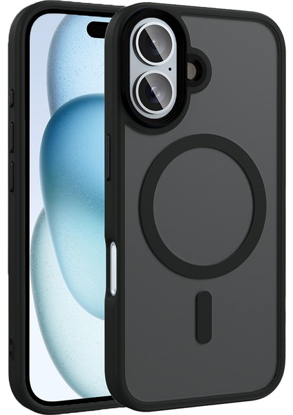 Apple iPhone 16 Kılıf Mat Arka Yüzey Wireless Şarj Özellikli Mkst Flet Magsafe Kapak-Siyah
